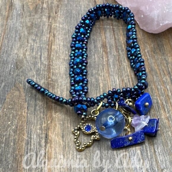 Stunning  lapis Lazuli beaded silver statement handmade bracelet - Picture 1 of 11